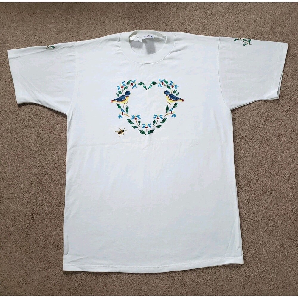 Vintage Lelko By Dezign Hand Painted Jerzees T-shirt Nature Glitter White Size L